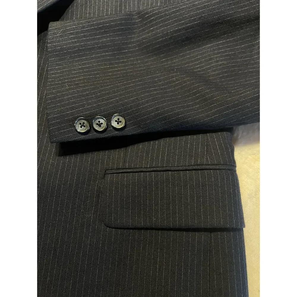 Vtg Yves Saint Laurent France 40L Navy Blue Tonal Stripe Flannel Blazer